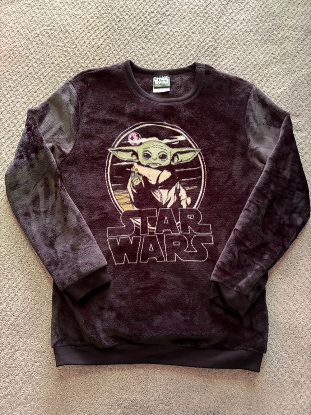 Juniors' Star Wars Mandalorian The Child (Grogu) Fuzzy Black Crewneck Sweater
